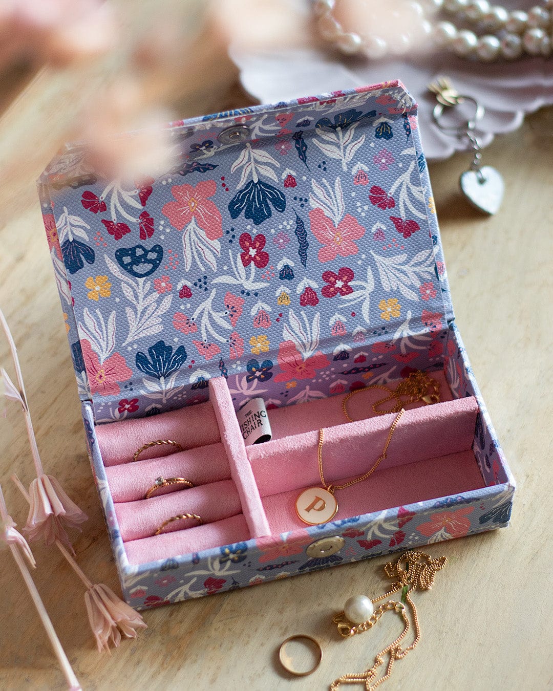 Pearlised Paper Leather Travel Jewellery Box Small Blue Meadow