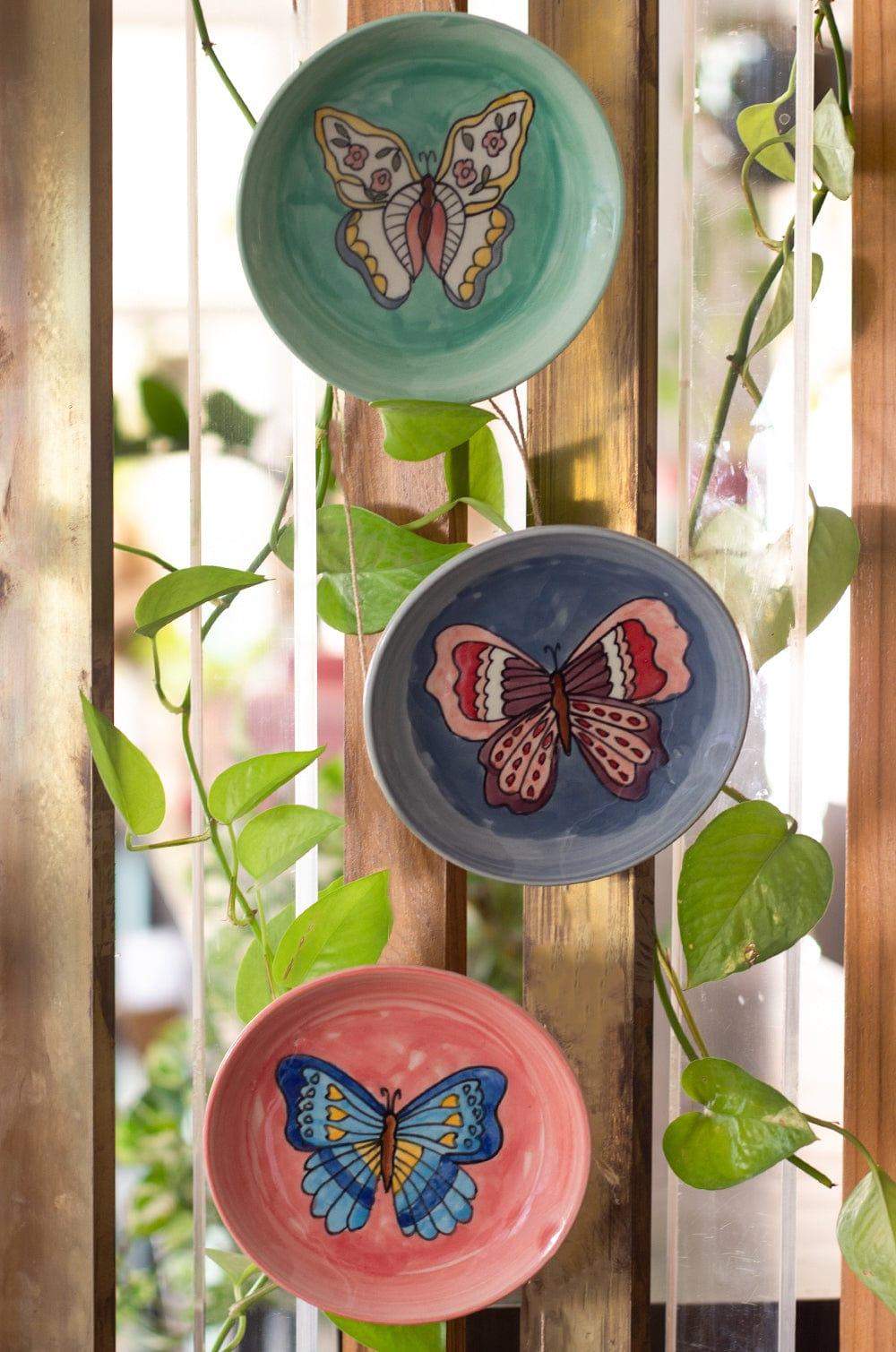Butterflies  Wall Plates - Set Of 3 -handpainted StonewareLooking for a fun and colorful way to brighten up your home? Check out our Wishing Chair butterfly wall plates! Handpainted in ceramic, these beautiful butterfly plaButterflies Wall Plates - SetThe Wishing Chair
