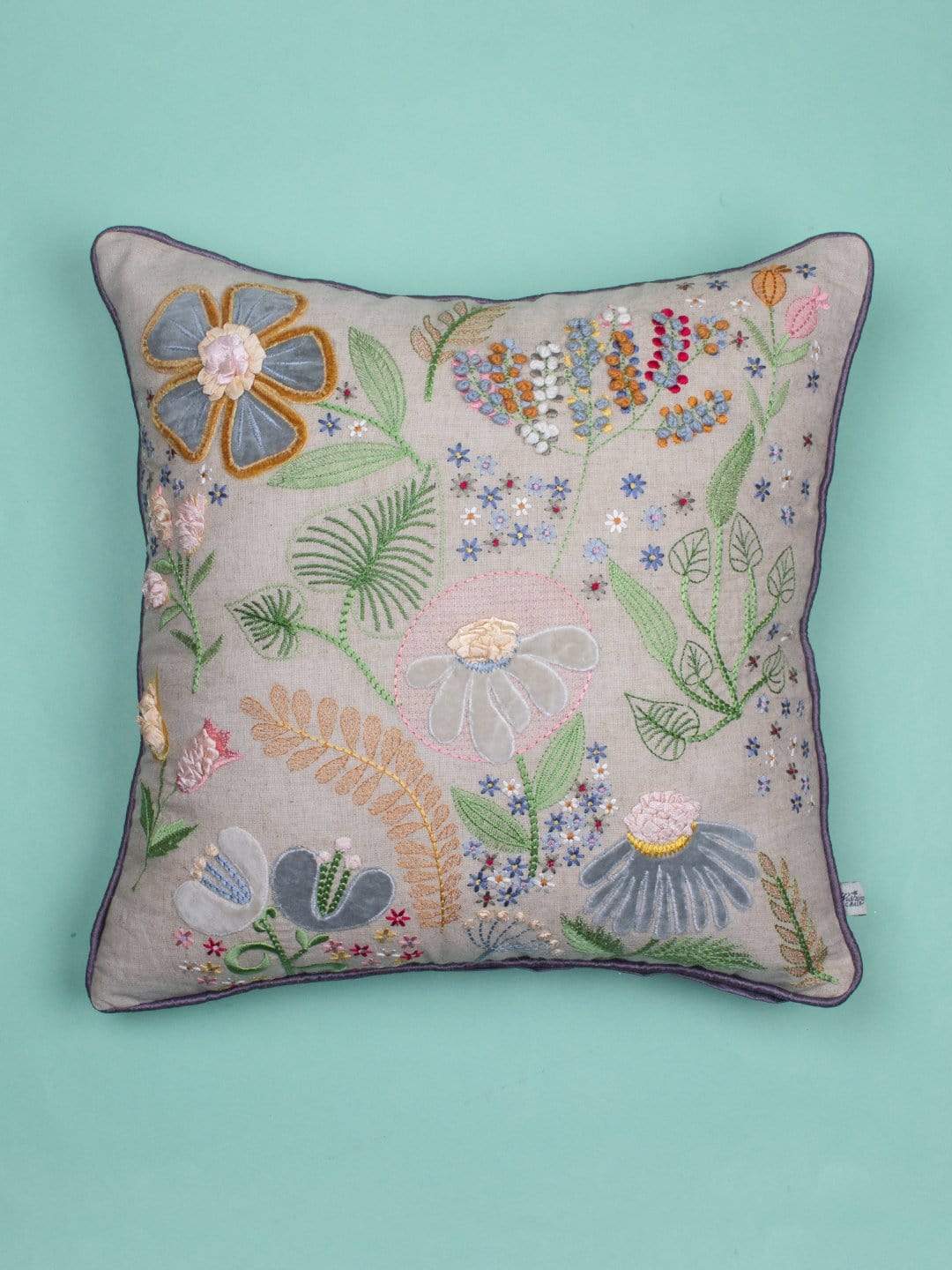 Daisy Embroidered Cushion CoverMaterial: Front - 70% Cotton &amp; 30% Linen, Back- 100% Polyester
Dimensions: 18 x 18 Inch

Dry Clean only

 Daisy Embroidered Cushion CoverThe Wishing Chair