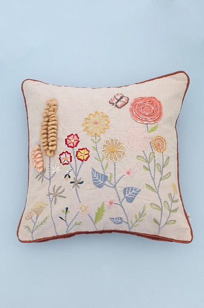 Ranunculus Embroidered Cushion CoverMaterial: Front - 60% Cotton &amp; 40% Linen, Back- 100% Polyester
Dimensions: 18 x 18 Inch

 Ranunculus Embroidered Cushion CoverThe Wishing Chair