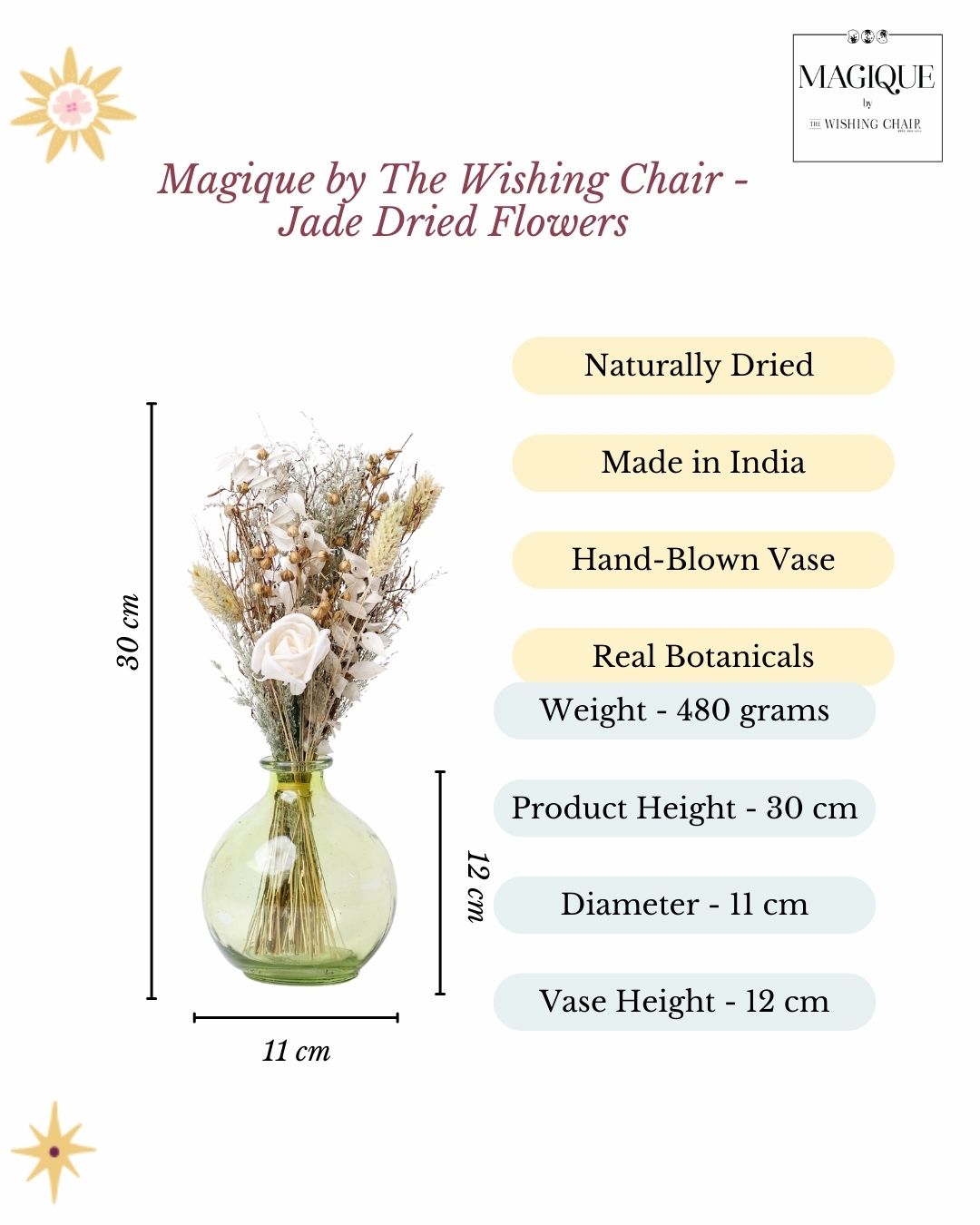 Magique by The Wishing Chair - Jade Dried Flowers & Glass Vase