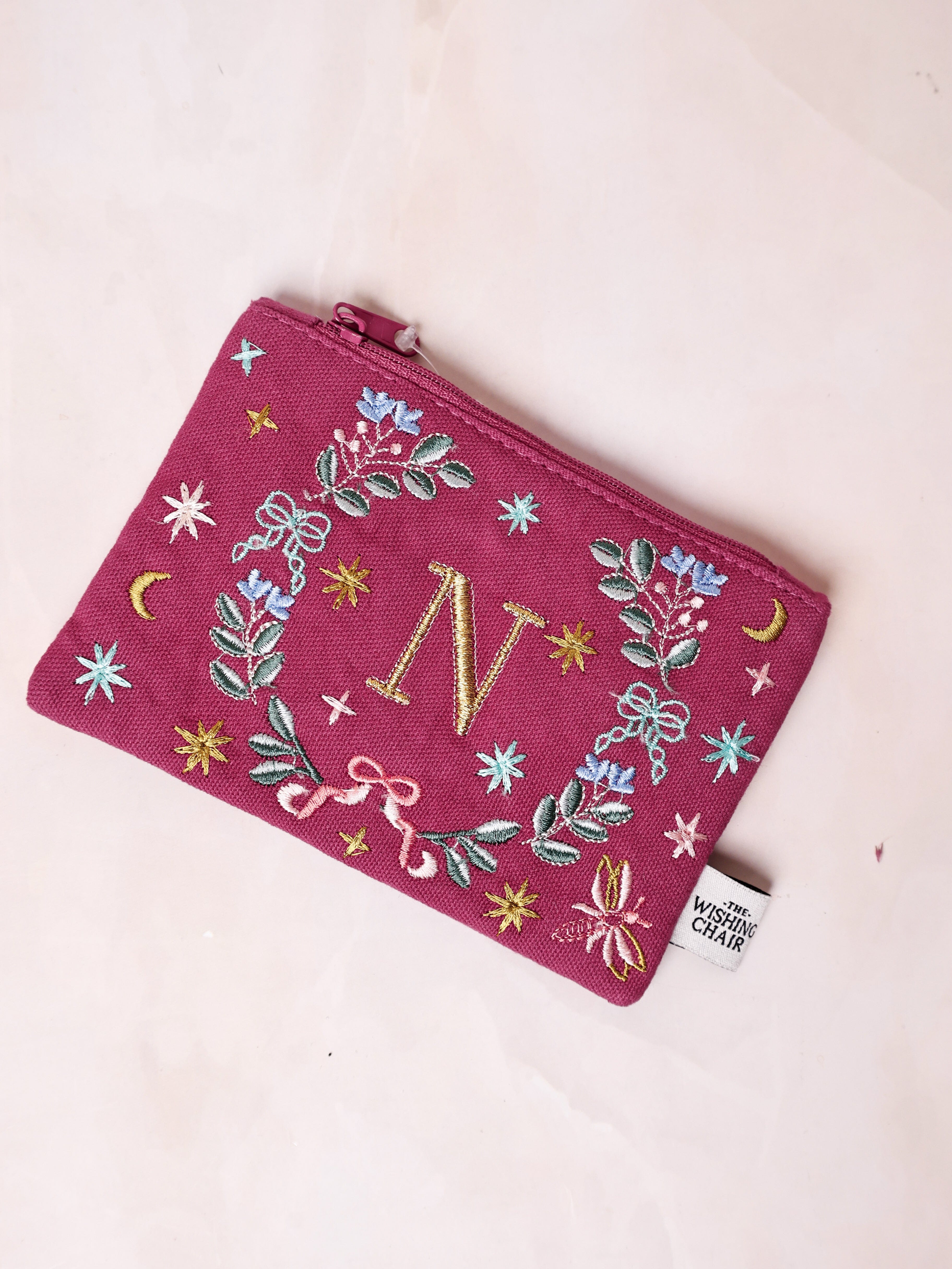 Monogram N - Secret Garden Embroidered Monogram Coin Pouch | The Wishing Chair