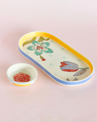 Stripe & Stem Handpainted Ceramic Oval Platter & Nutbowl