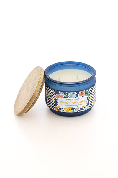 4 Dia x 3.25H Inch / BLUE / Made of Handpainted Stoneware Midnight Stargazing Soy Wax Jar Candle