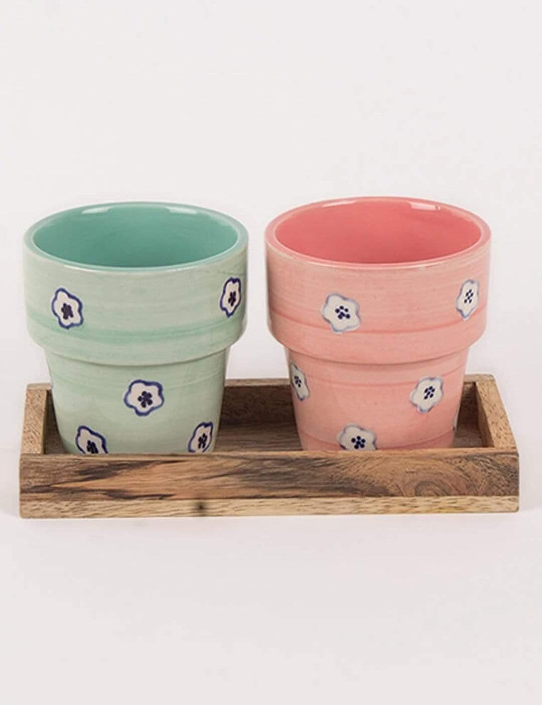 Hello Daisy Planters  With Wooden Tray -set Of 2 - The Wishing Chair