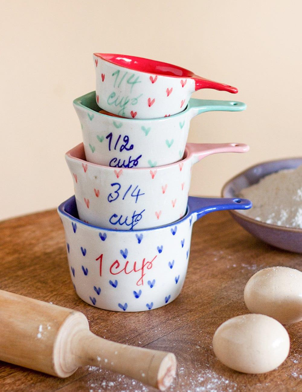 Little Hearts  Measuring Cups -set Of 4 - Handpainted Stoneware - The Wishing Chair