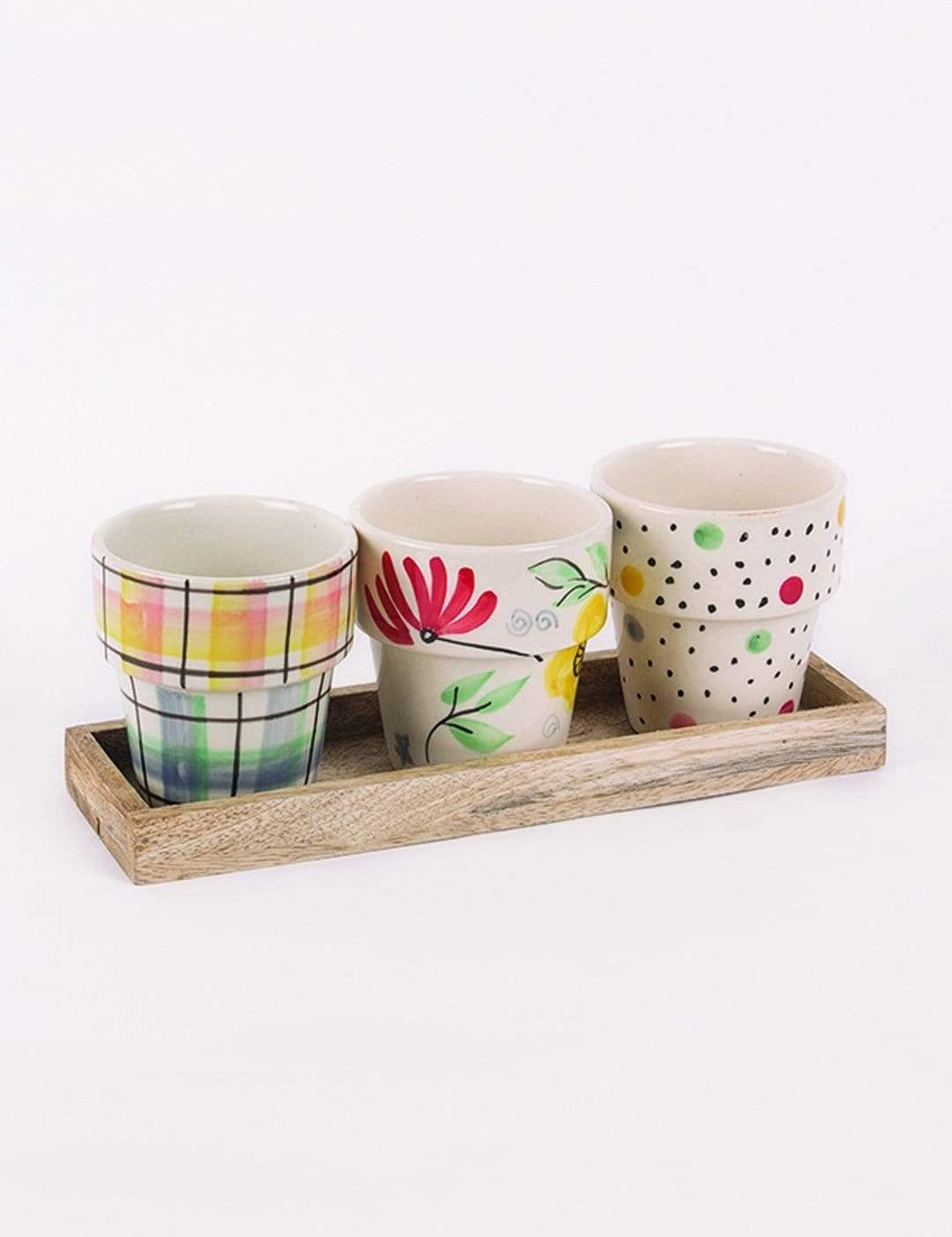 Miss Sunshine Planters With Wooden Tray -set Of 3 - The Wishing Chair