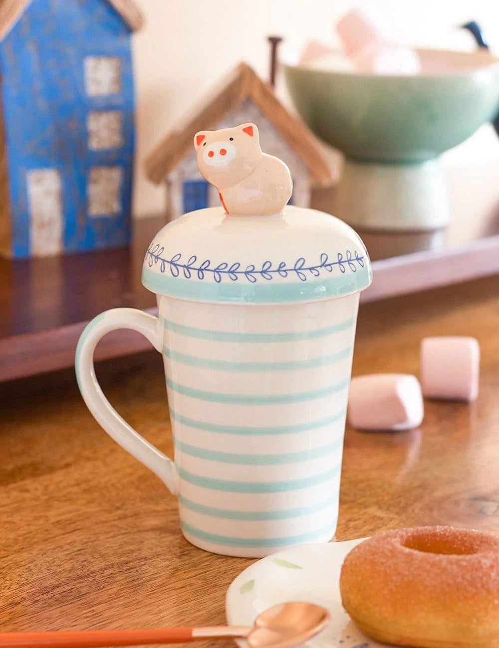 Striped Pig Handpainted Mug with Lid - The Wishing Chair