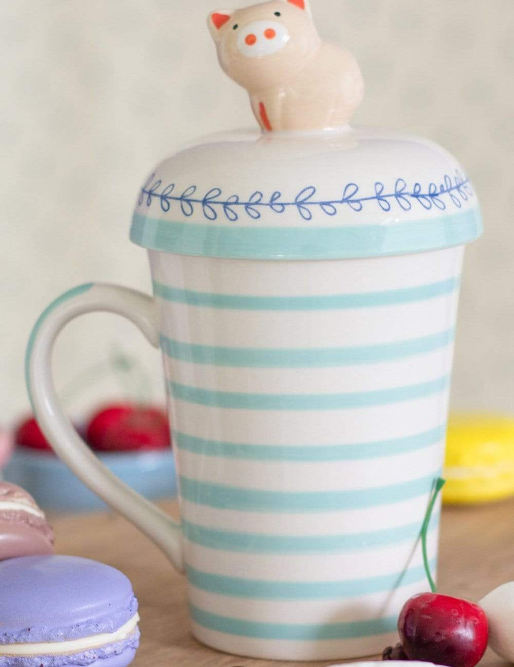 Striped Pig Handpainted Mug with Lid - The Wishing Chair