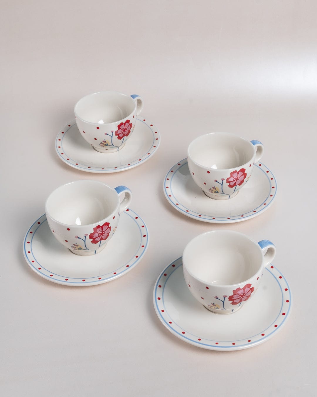 Arunya Handpainted Ceramic Teacup & Saucer -Set of 4