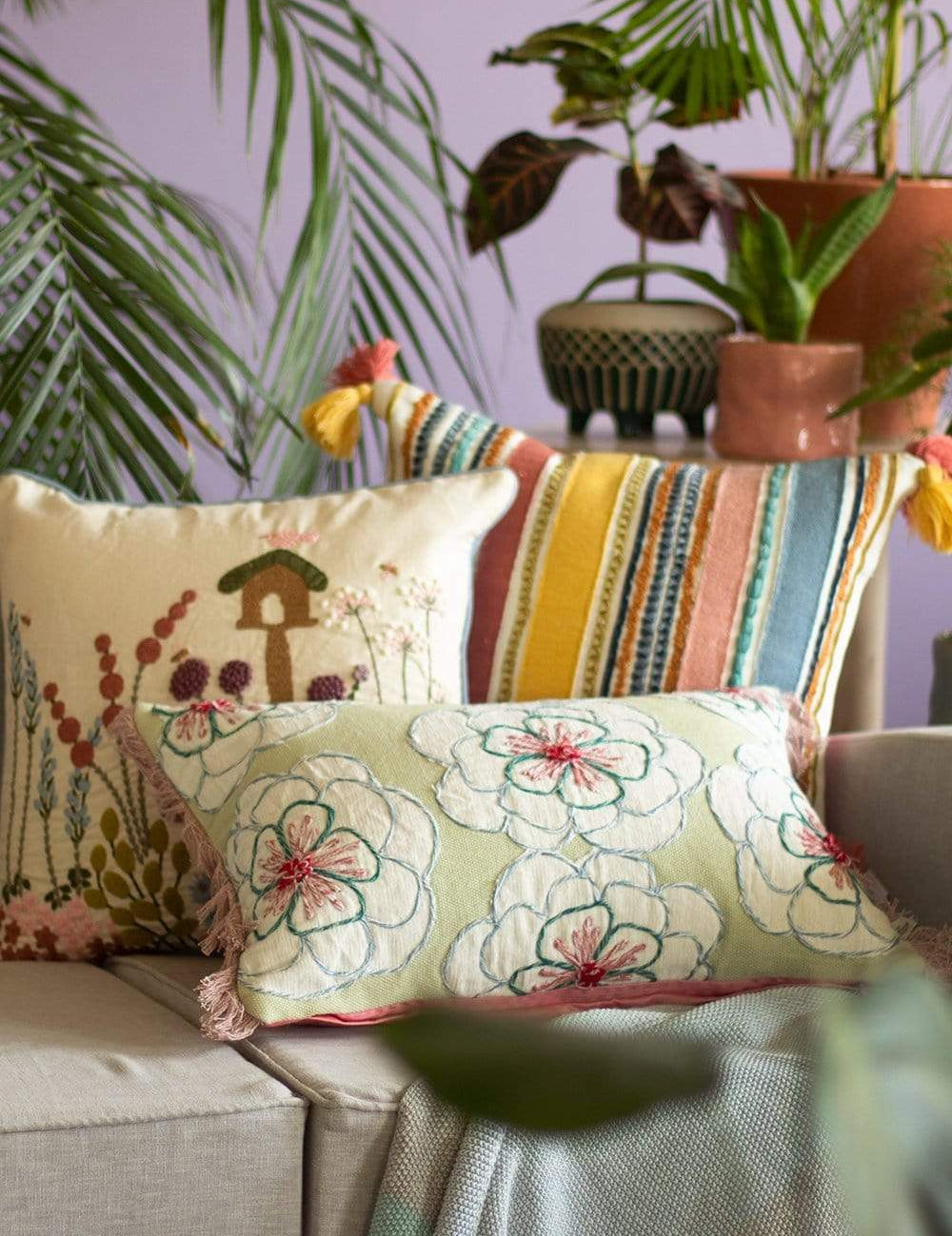 Birdie Feeder Embroidered Cushion Cover