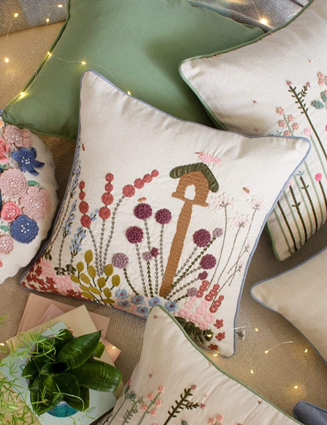 Birdie Feeder Embroidered Cushion Cover