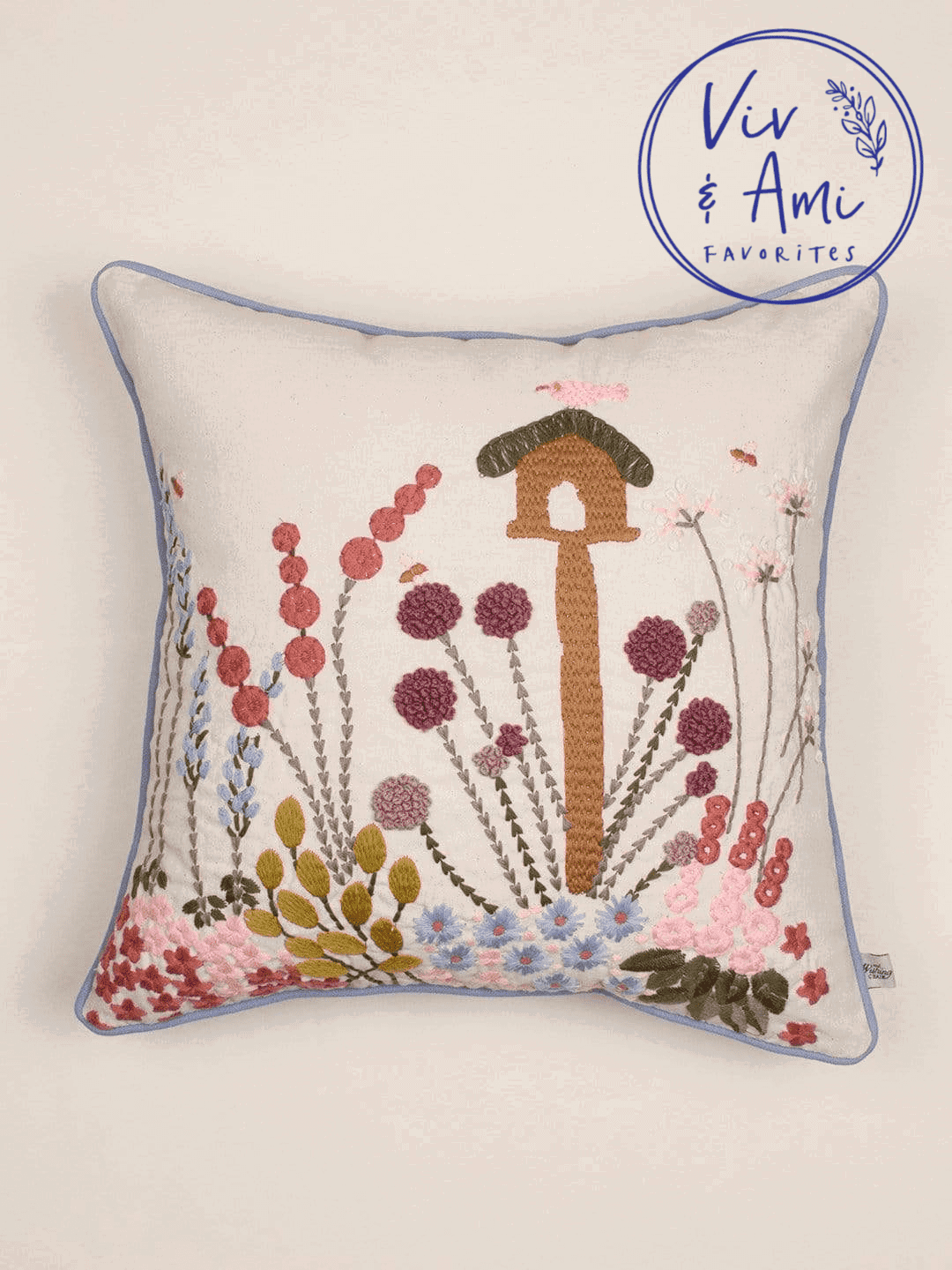 Birdie Feeder Embroidered Cushion Cover