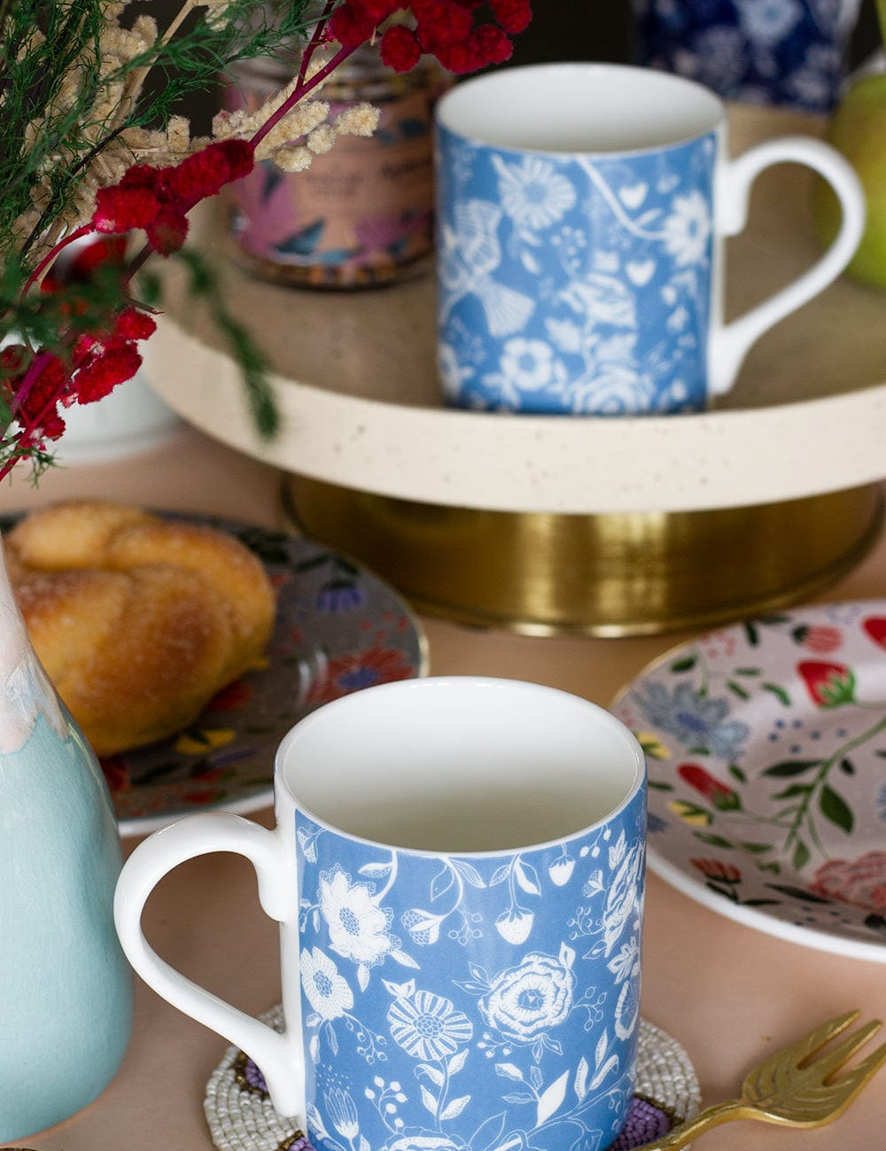 Blue Florentina Fine China Tea Mugs- Set of 2