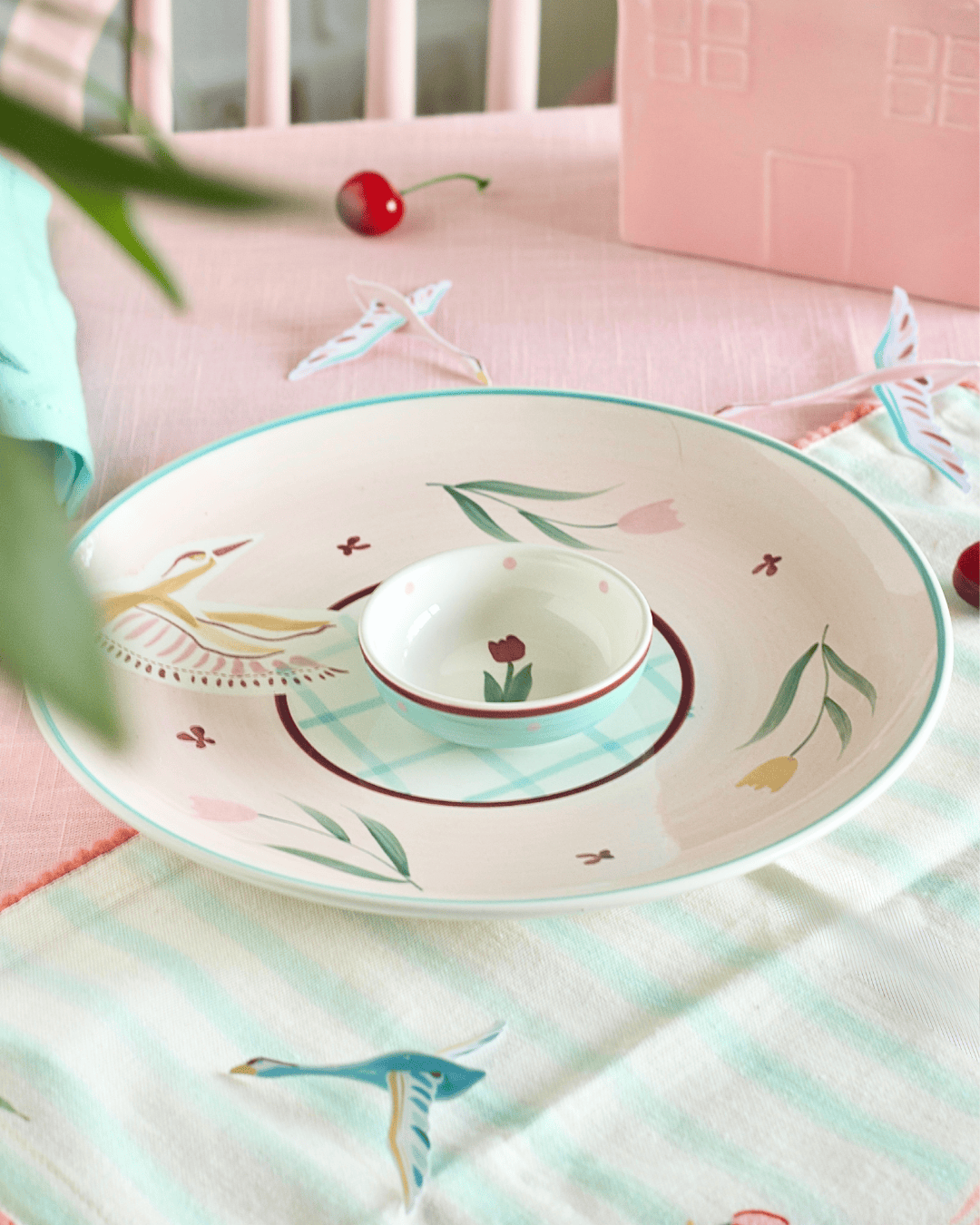 Bowl Skylark Handpainted Ceramic Round Plate & Nutbowl