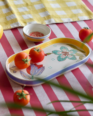Bowl Stripe & Stem Handpainted Ceramic Oval Platter & Nutbowl