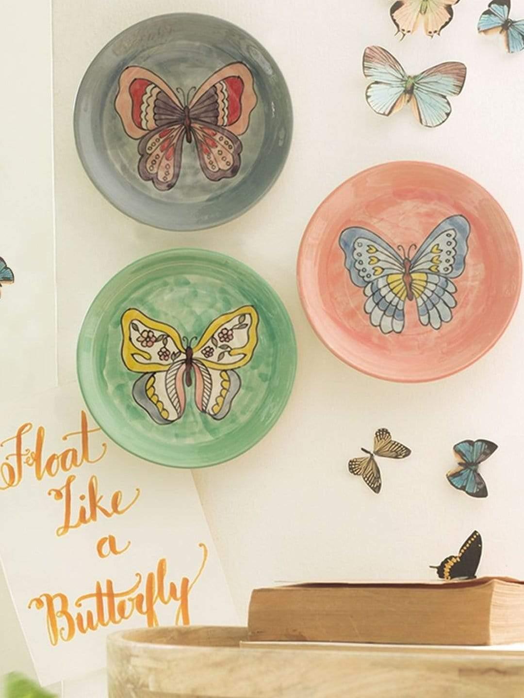 Butterflies Wall Plates - Set Of 3 -Handpainted Stoneware