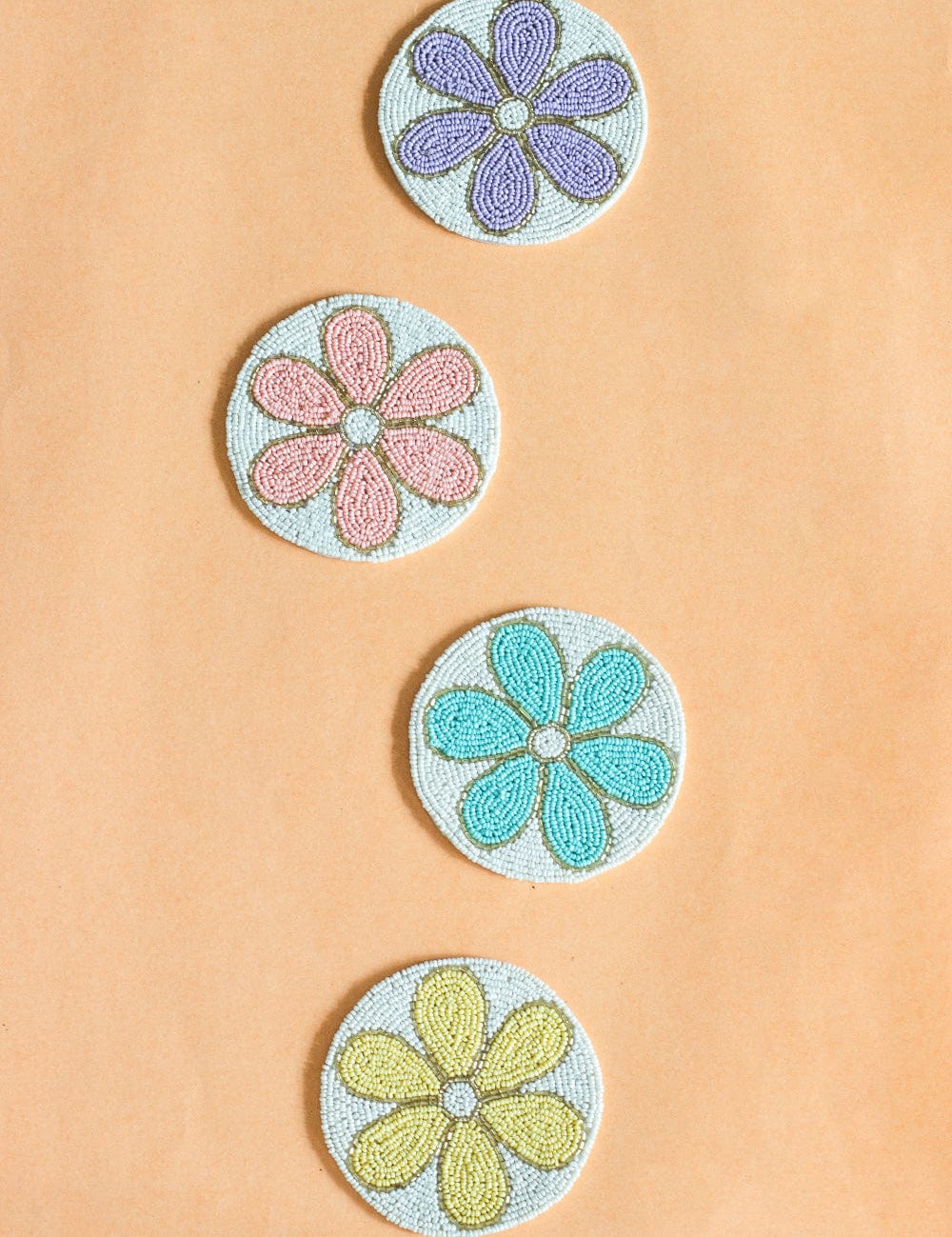 Daisy Hand Embroidery Beaded Coasters -Set of 4