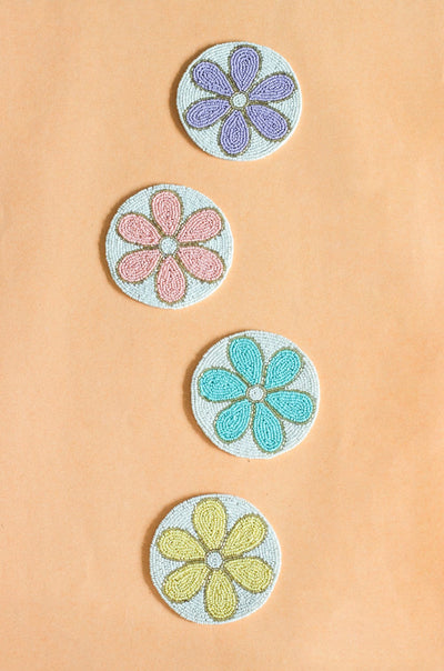 Daisy Hand Embroidery Beaded Coasters -Set of 4