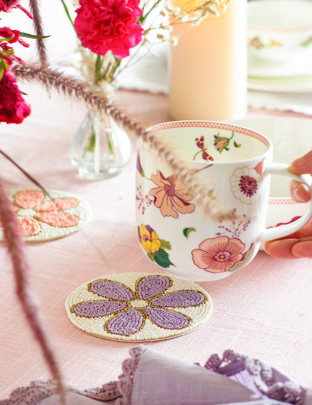 Daisy Hand Embroidery Beaded Coasters -Set of 4