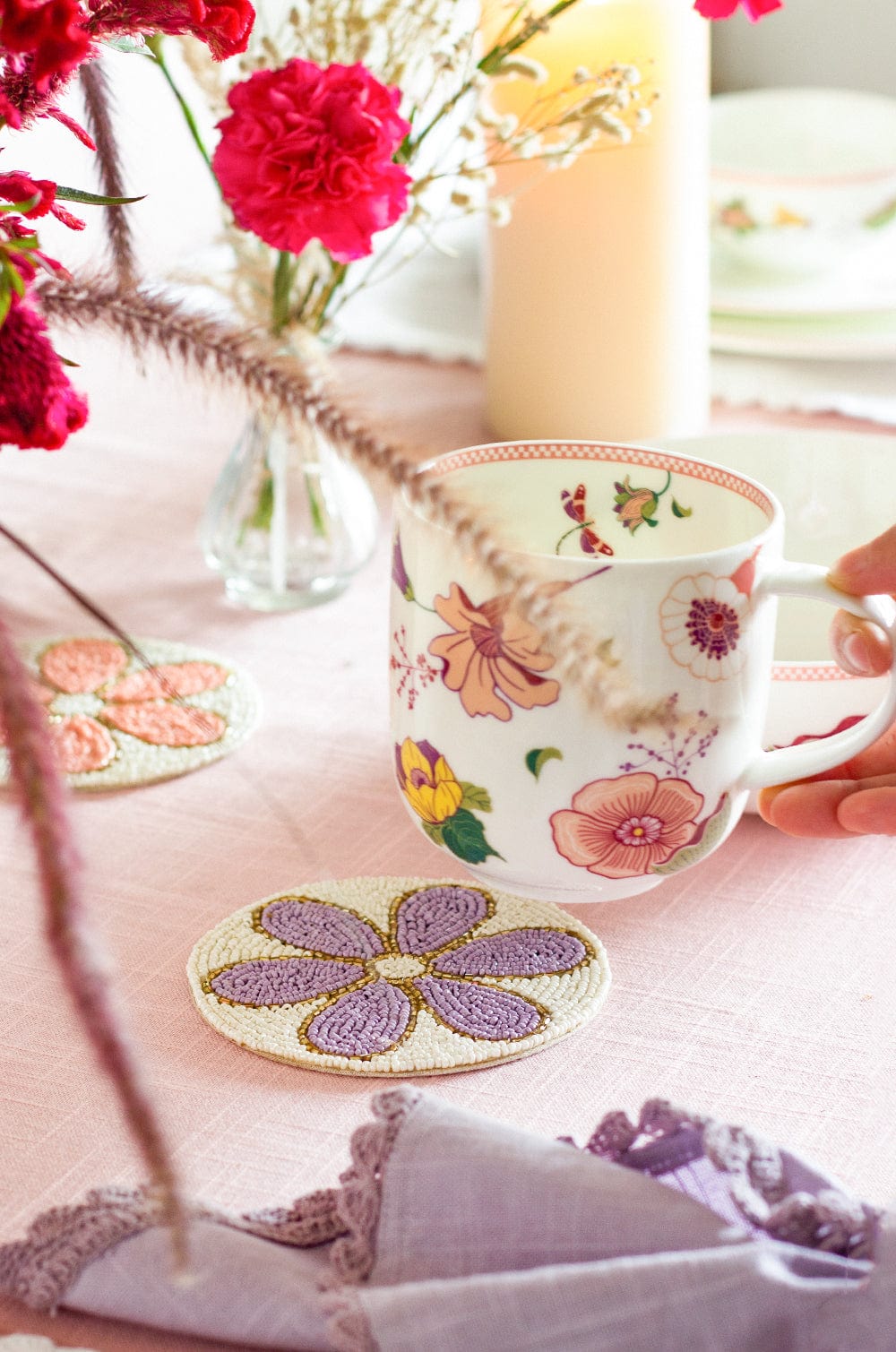 Daisy Hand Embroidery Beaded Coasters -Set of 4