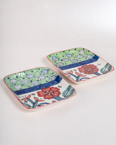 Dance in a Flowerbed  Ceramic Square Platter- Set of 2