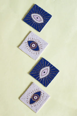 Evil Eye Hand Embroidery Beaded Coasters -Set of 4