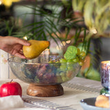 Frosty Mist Fiesta Serving Glass Bowl with Wooden base