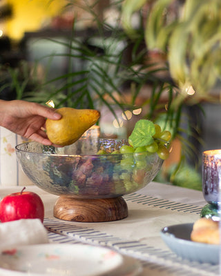 Frosty Mist Fiesta Serving Glass Bowl with Wooden base