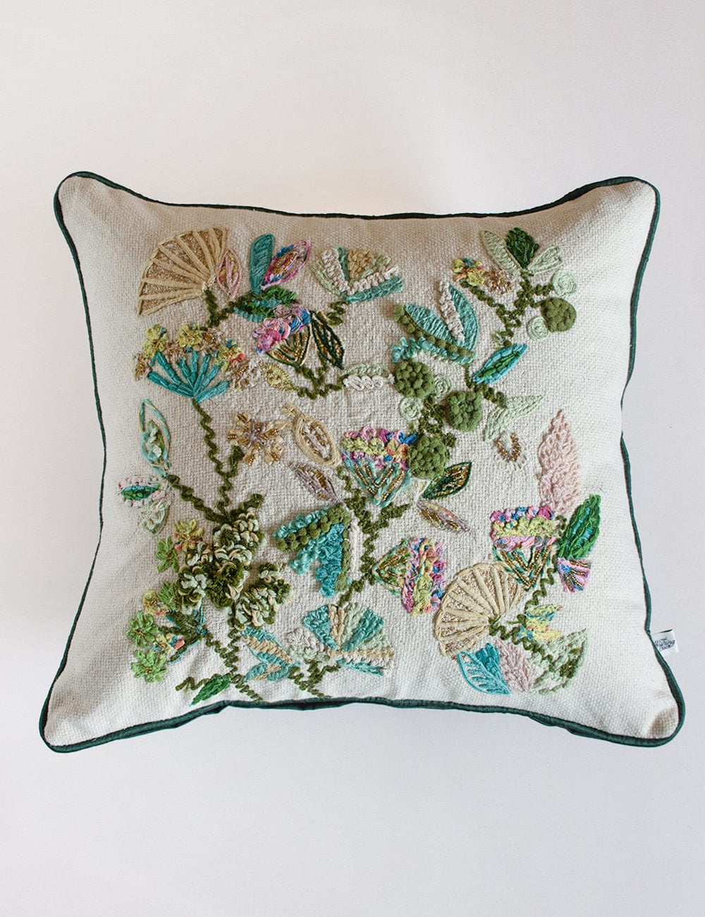 Jungle Green Embroidered Cushion Cover