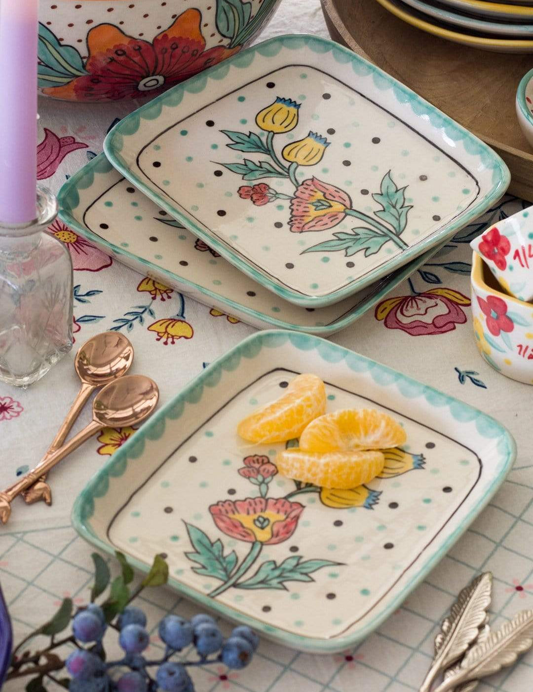 Kelly Green Handpainted Rectangular Platter- Set Of 2