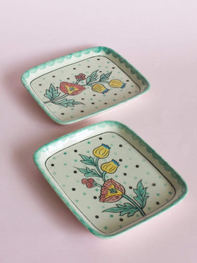 Kelly Green Handpainted Rectangular Platter- Set Of 2