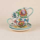 Kelly Green Handpainted Teacup & Saucer- Set of 2