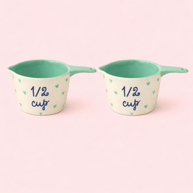 Little Hearts  Measuring Cups -set of 2 - Handpainted Stoneware - Green