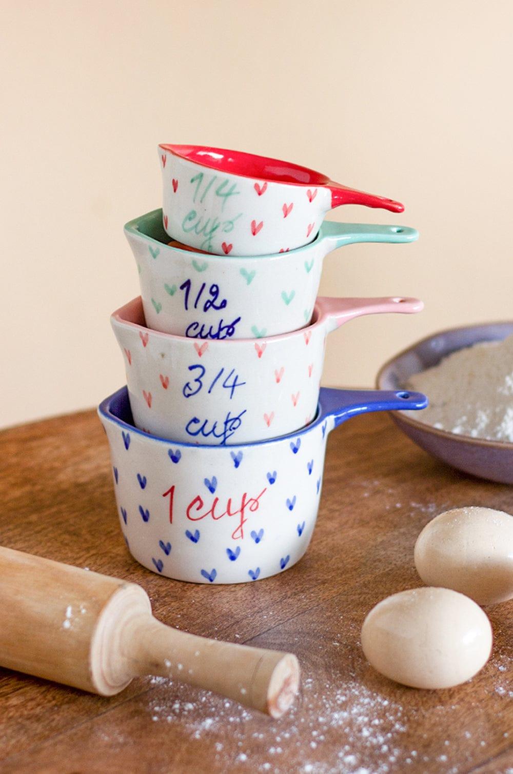 Little Hearts  Measuring Cups -set Of 4 - Handpainted Stoneware