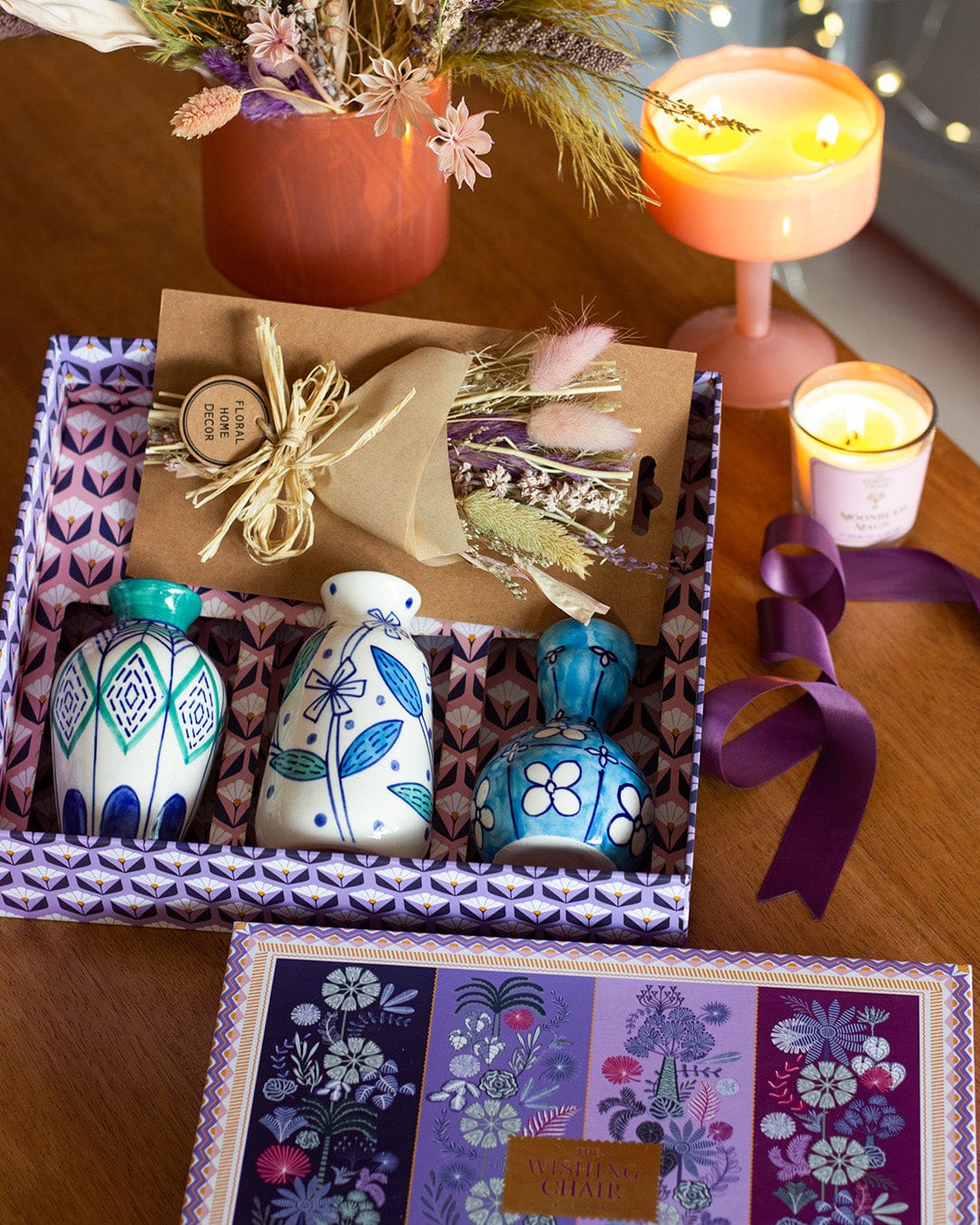 Lunaria Handpainted Mini Vases - Set of 3 Flowers over Fireworks Gift box