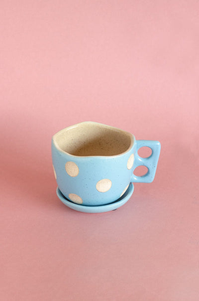 Madhatter Polka Dot Teacup Planter- Blue