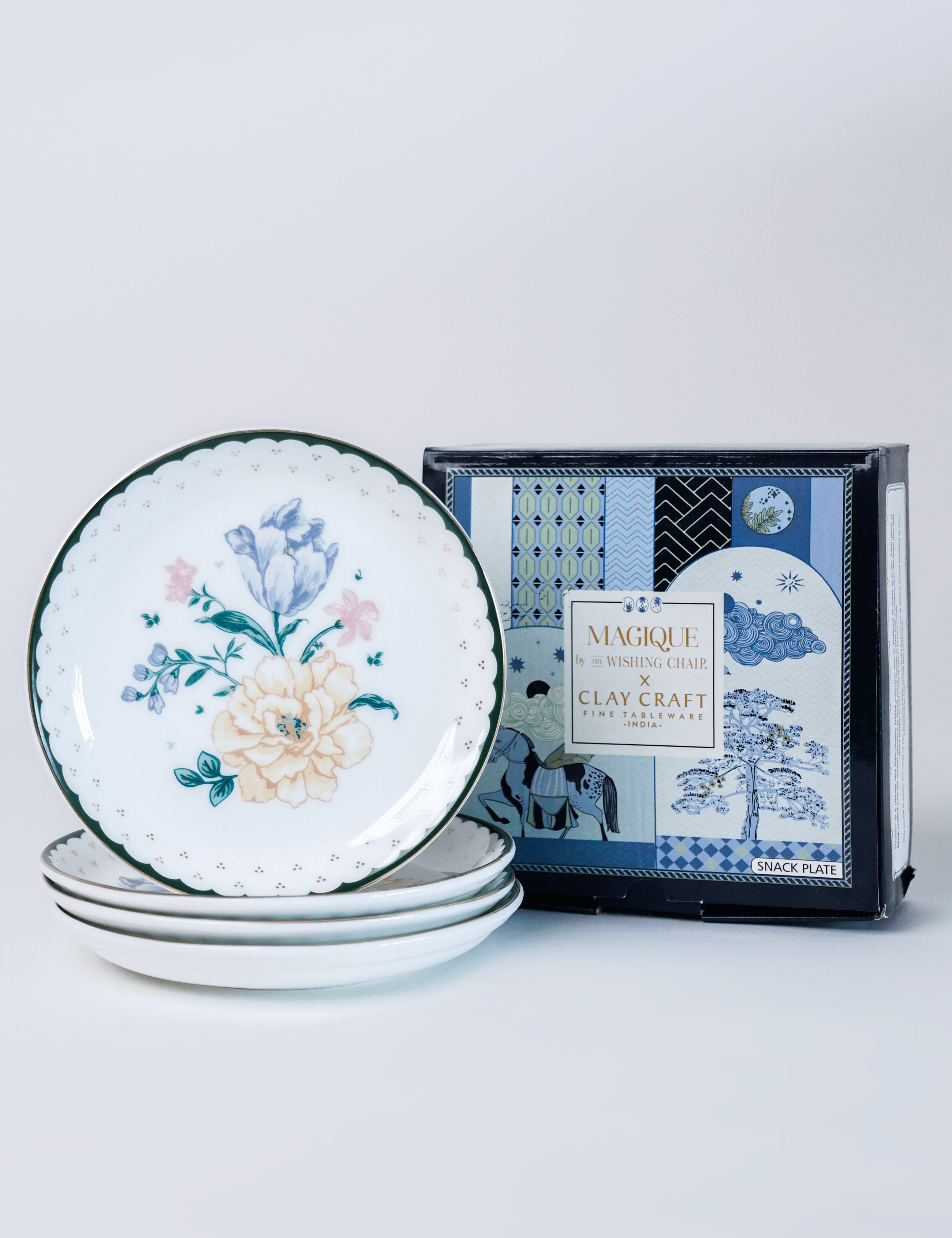 Magique by The Wishing Chair - Emerald Ribbon Fine China Snack Plates - Set of 4 - 5.5 inches