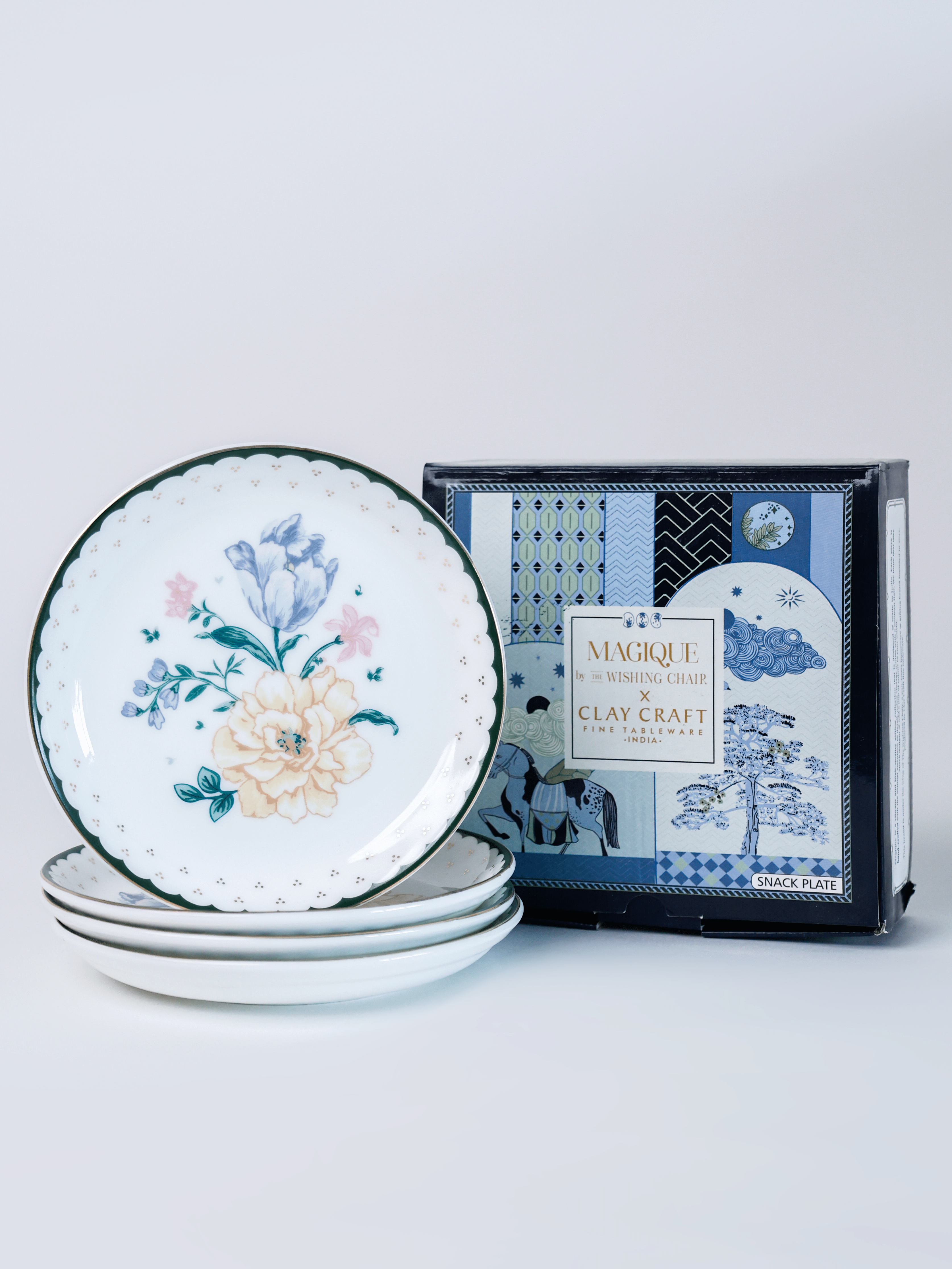 Magique by The Wishing Chair - Emerald Ribbon Fine China Snack Plates - Set of 4 - 5.5 inches