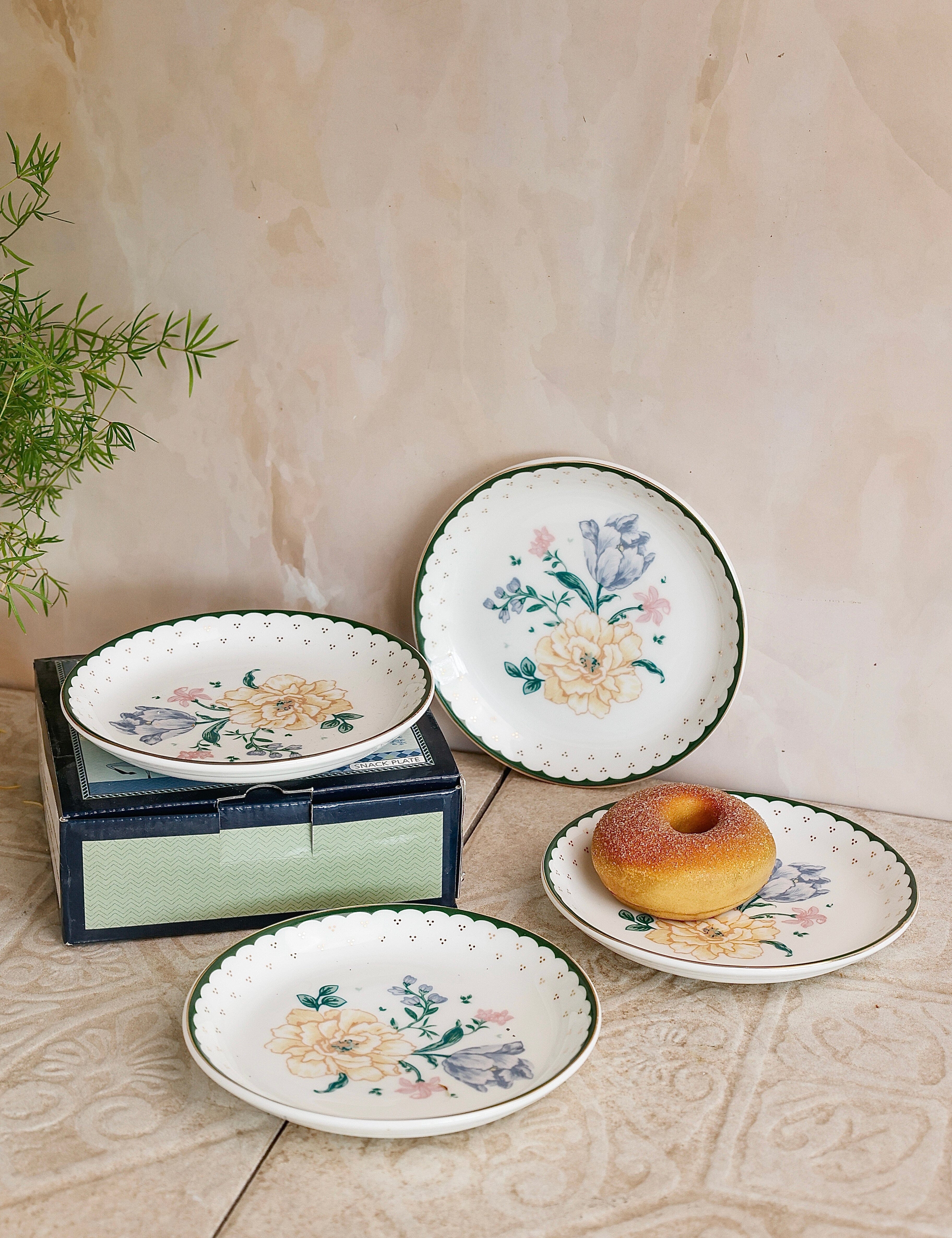 Emerald Ribbon fine china snack plates, set of 4, with pastel floral scalloped edges | The Wishing Chair