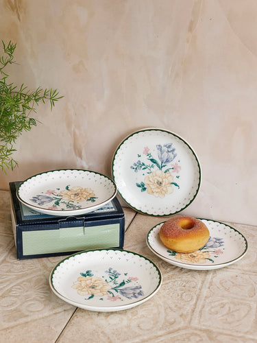 Emerald Ribbon fine china snack plates, set of 4, with pastel floral scalloped edges