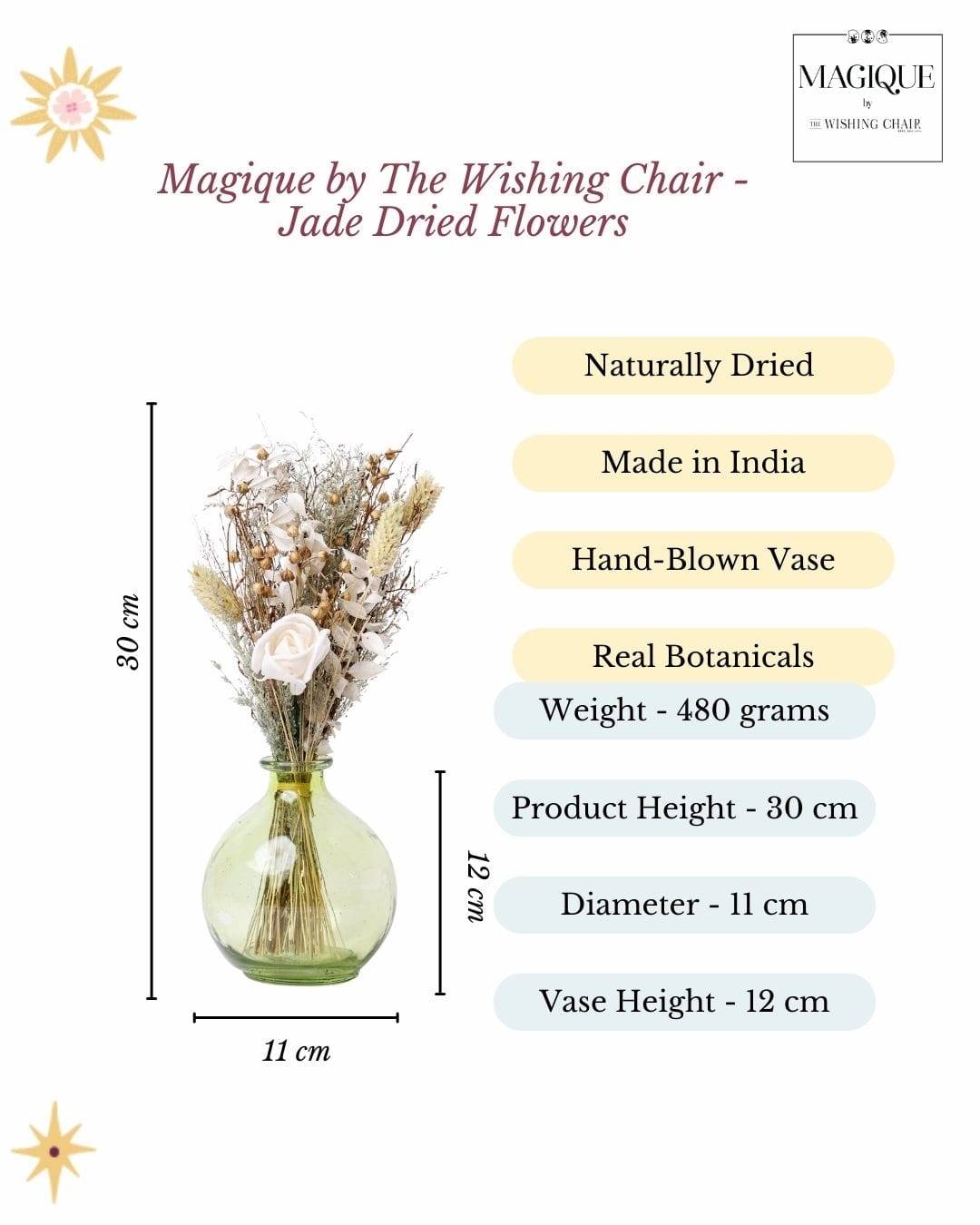Magique by The Wishing Chair - Jade Dried Flowers & Glass Vase