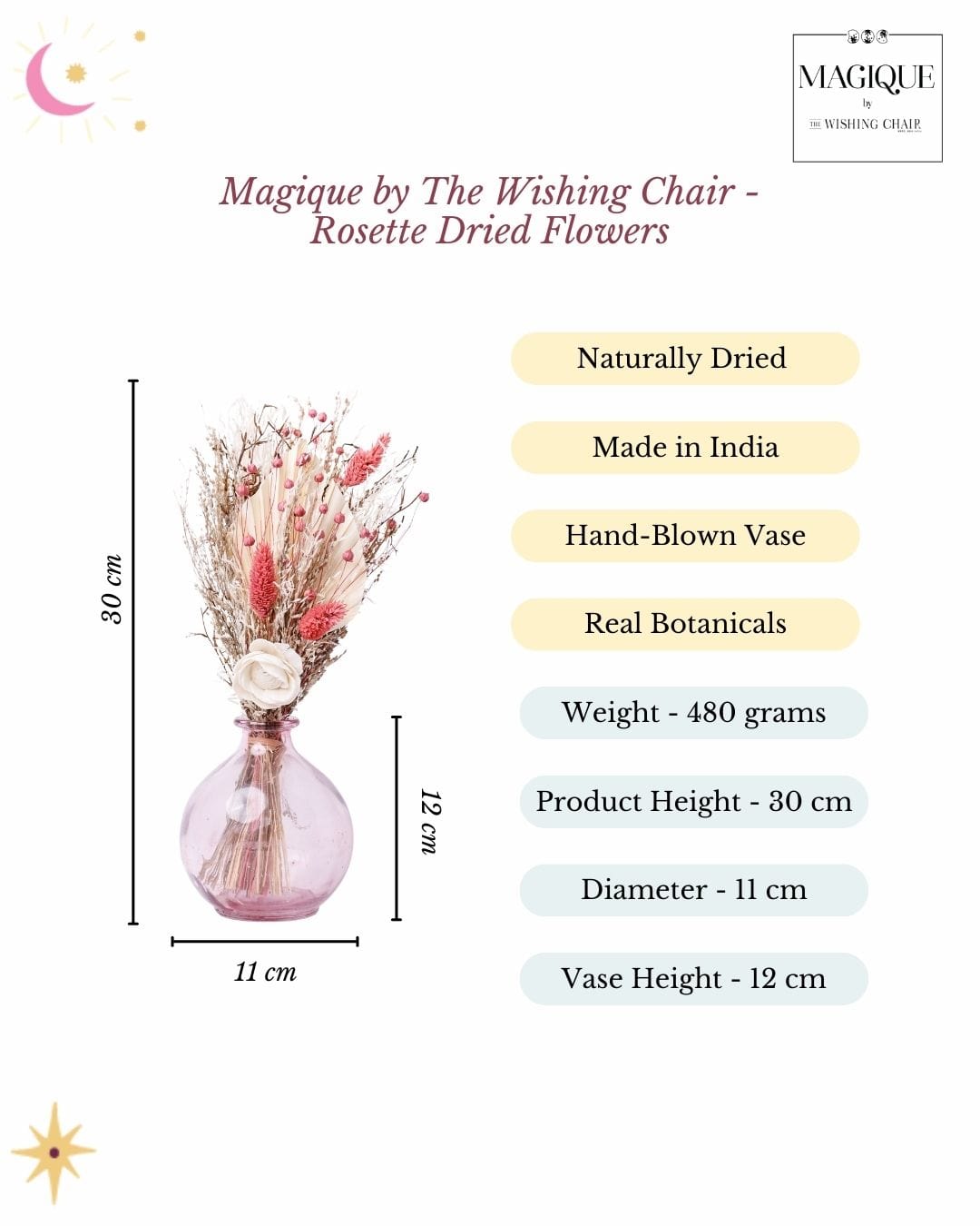 Magique by The Wishing Chair - Rosette Dried Flowers & Glass Vase