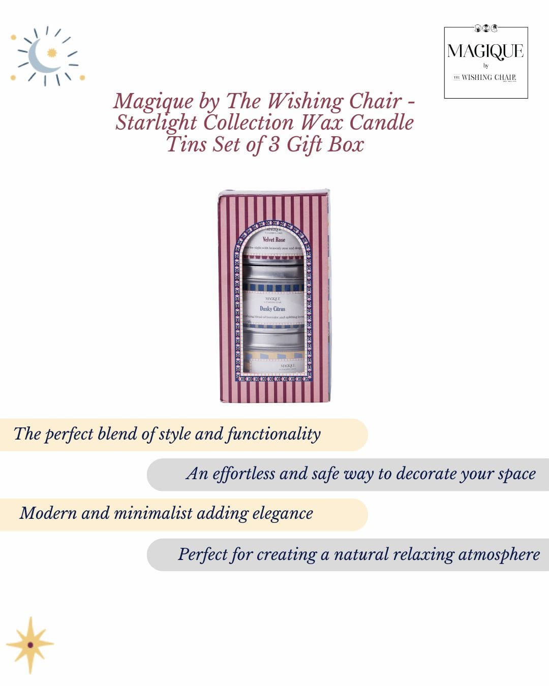 Magique by The Wishing Chair - Starlight Collection Wax Candle Tins Set of 3 Gift Box