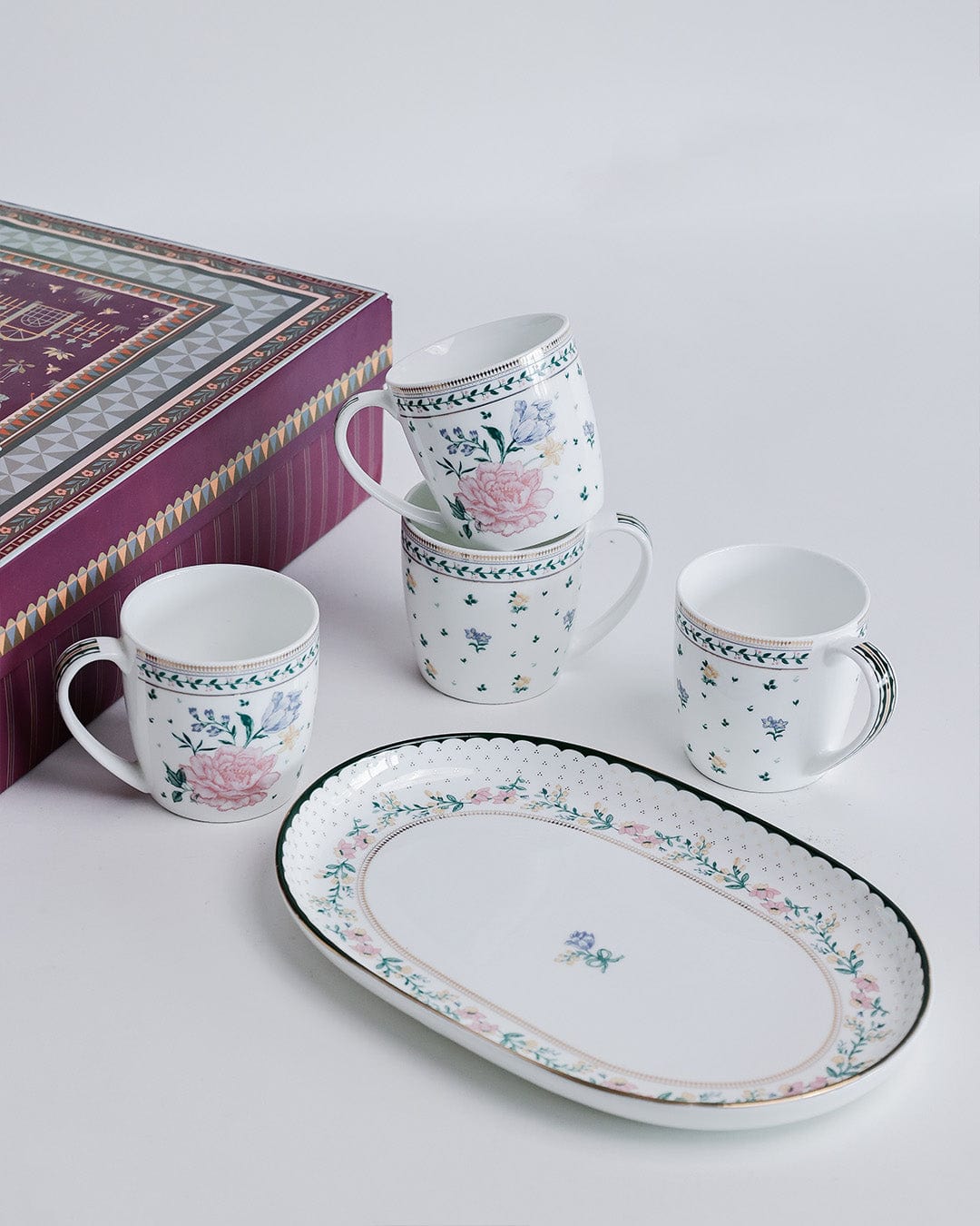 Magique by The Wishing Chair x ClayCraft :  Emerald Ribbon - Celebrations Giftbox | Set of 4 Mugs & Platter
