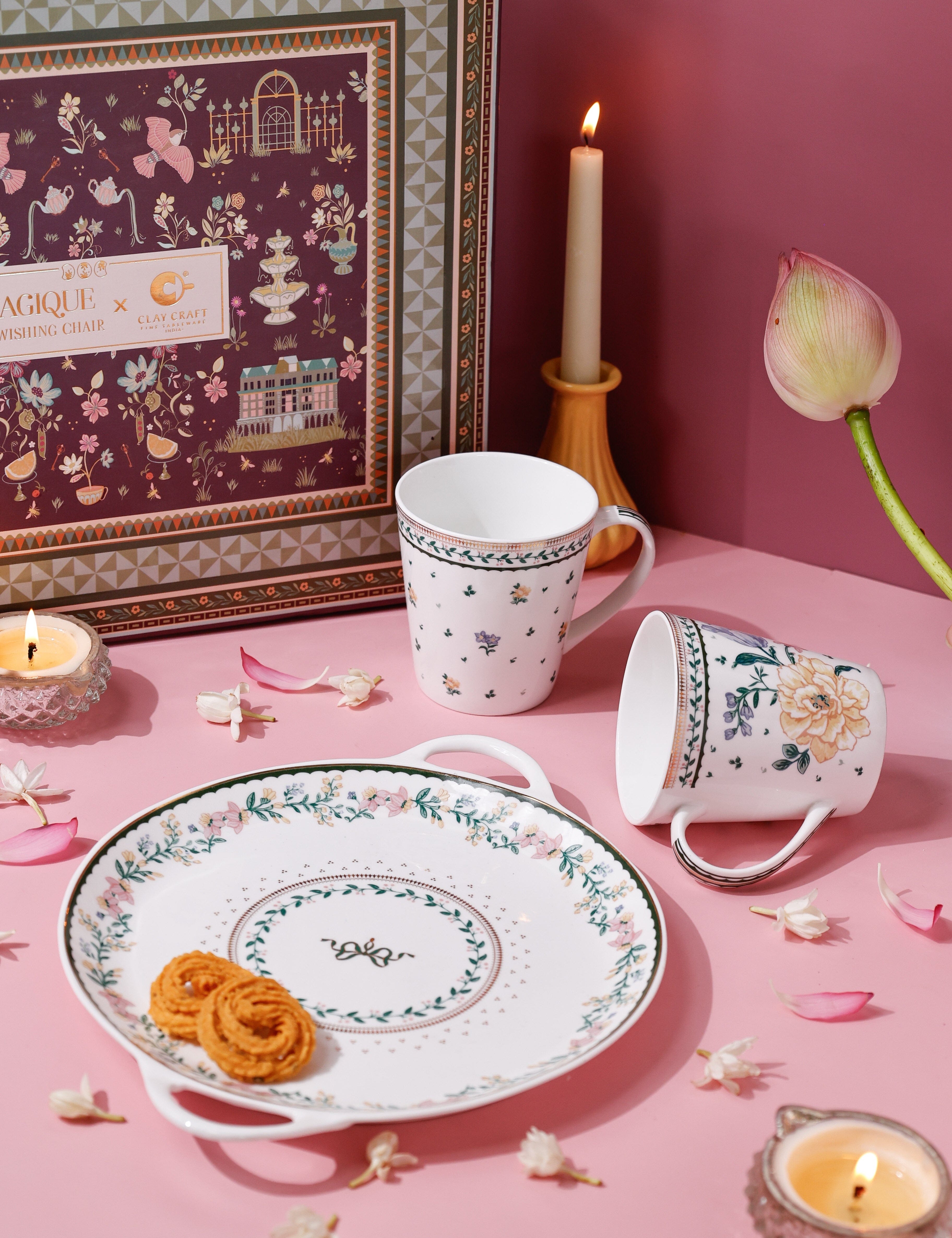 Magique by The Wishing Chair x ClayCraft :  Emerald Ribbon - Lustre Giftbox | Set of 2 Mugs & Tawa Platter