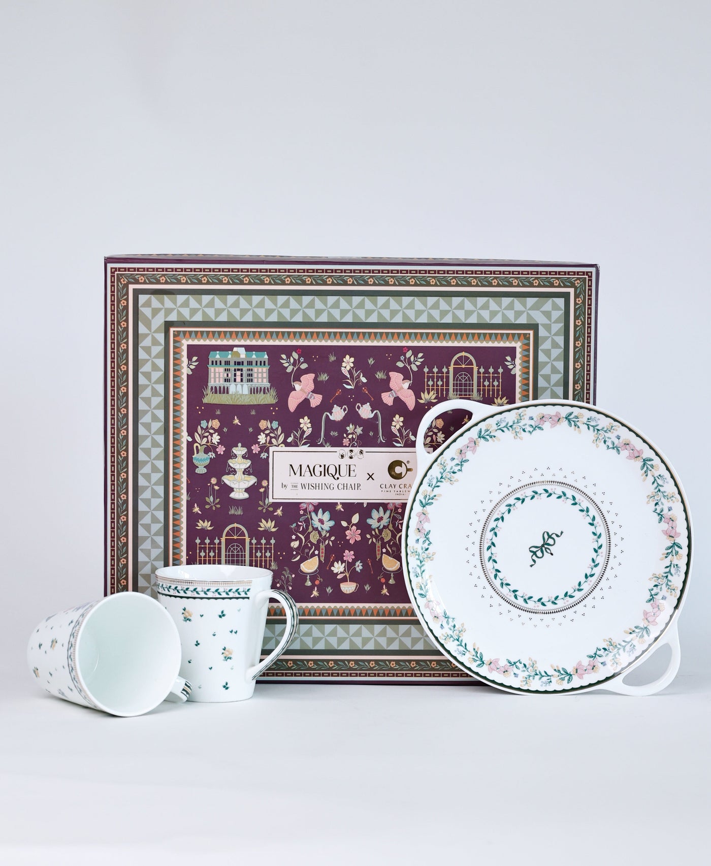 Magique by The Wishing Chair x ClayCraft :  Emerald Ribbon - Lustre Giftbox | Set of 2 Mugs & Tawa Platter