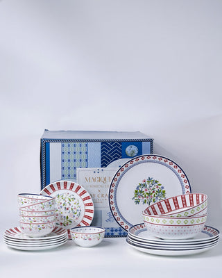 Magique by The Wishing Chair x ClayCraft :  Indian Summer -  Giftbox | Set of 6 Dinner Plates, 6 Snack Plates, 6 bowls & 2 Soup Bowl