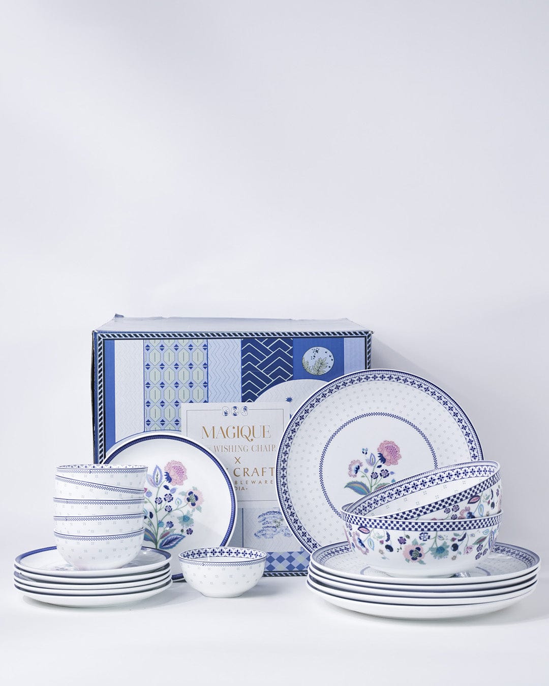 Magique by The Wishing Chair x ClayCraft: Indigo Chintz dinner set - 6 dinner plates, 6 snack plates, 6 bowls & 2 soup bowls