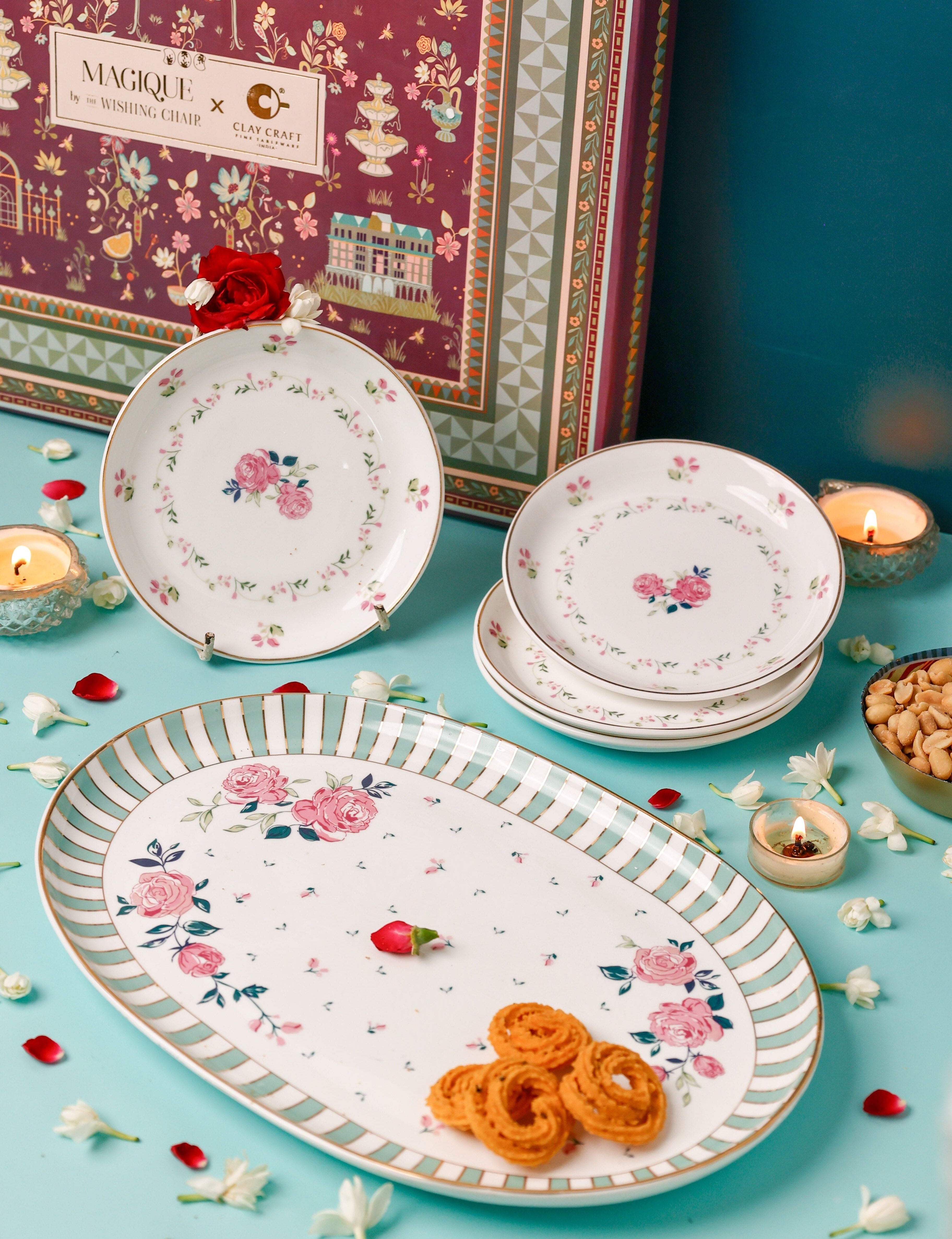 Magique by The Wishing Chair x ClayCraft : Portrait of Rose - Amber Giftbox | Set of 4 Snack Plates & Serving Platter